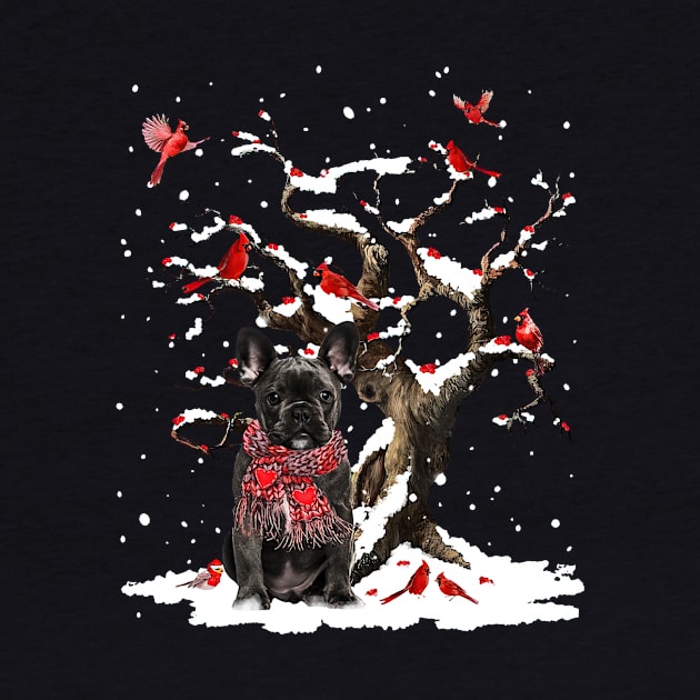 Black French Bulldog Scarf Cardinal Snow Christmas by cogemma.art